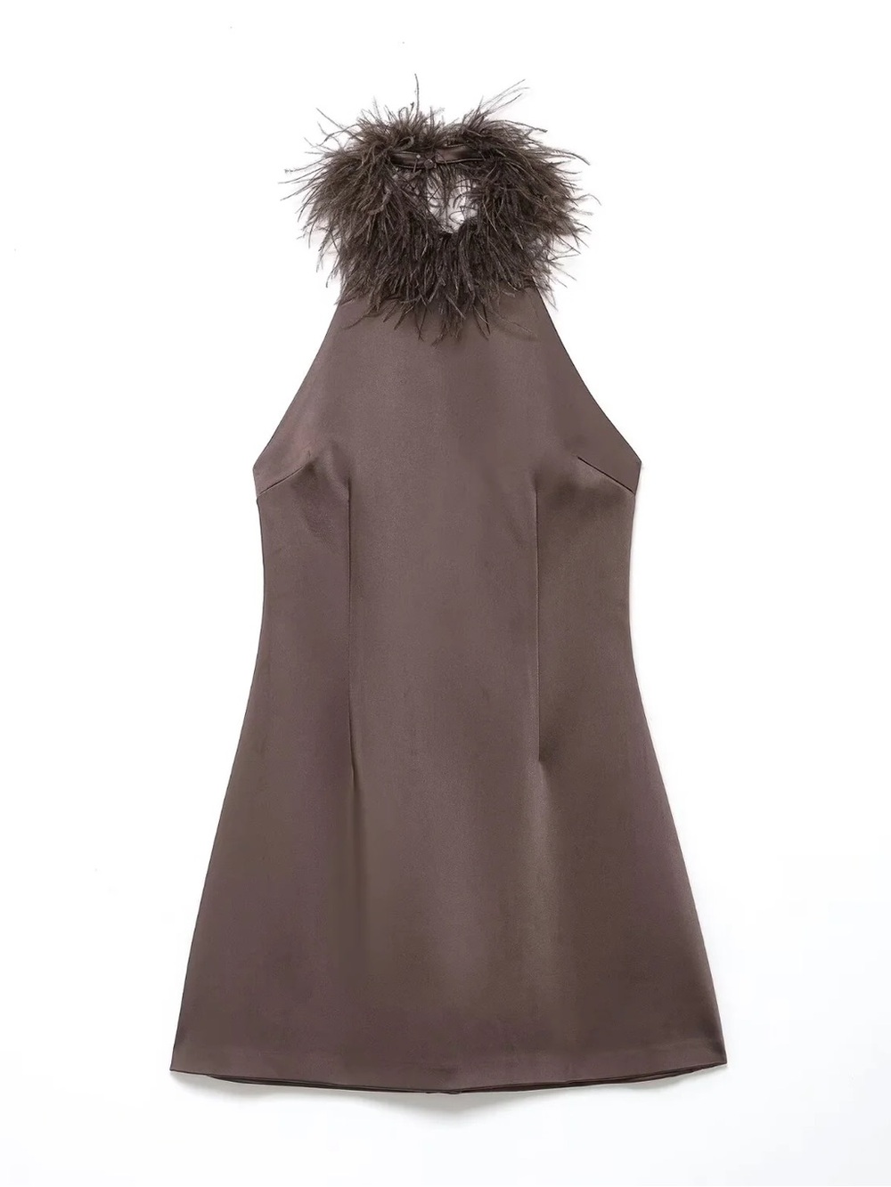 Zara Feather-Trim Halter Mini Dress in Brown